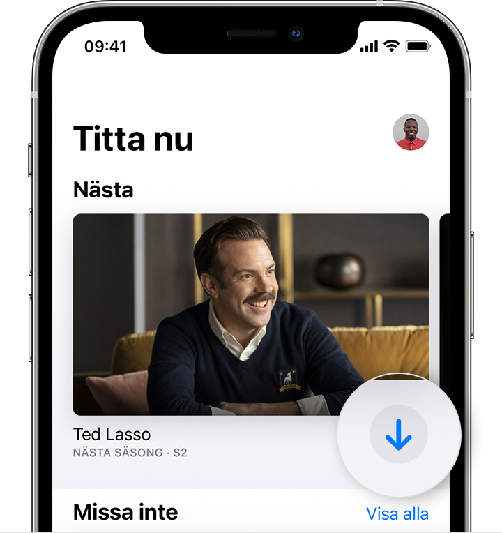 Apple TV-appen på iPhone som visar hämtnings knappen för Ted Lasso säsong 2 i Kommer snart.