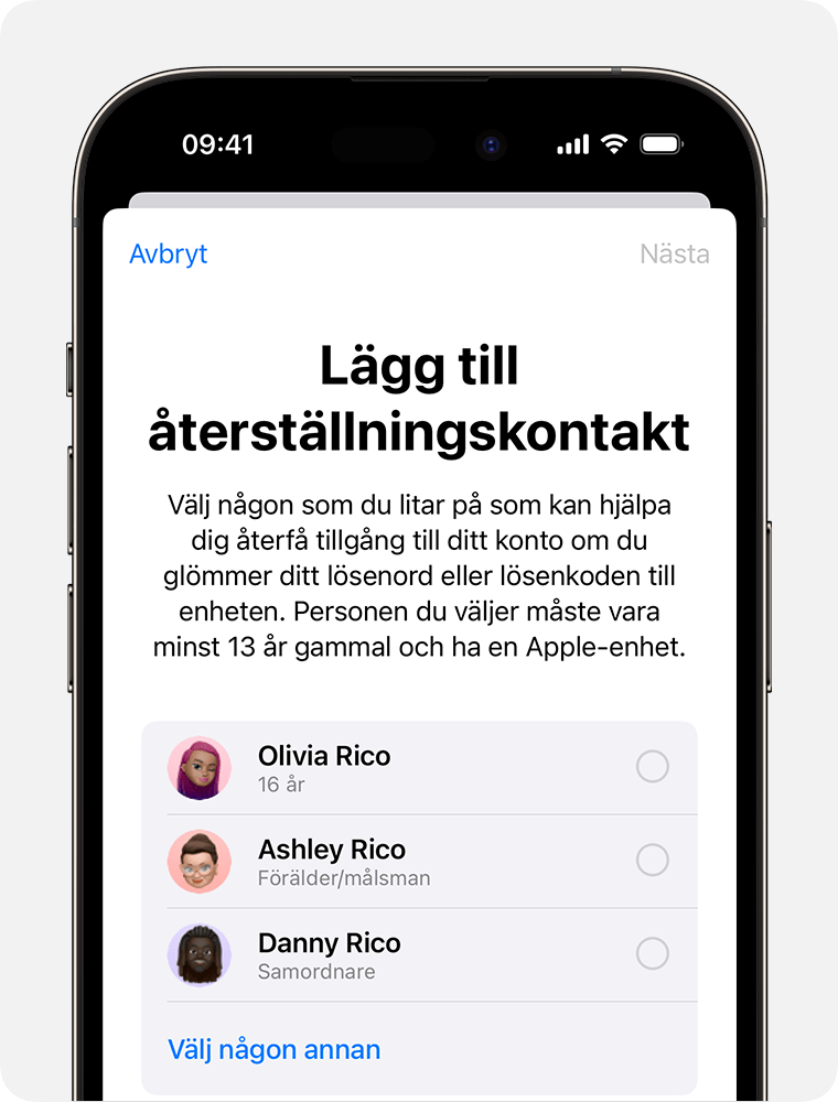 iPhone-skärm som visar kontakter som du kan lägga till som en kontakt för återställning
