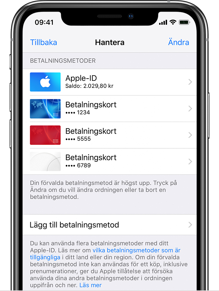 Ändra, lägga till eller ta bort betalningsmetoder för Apple-ID 