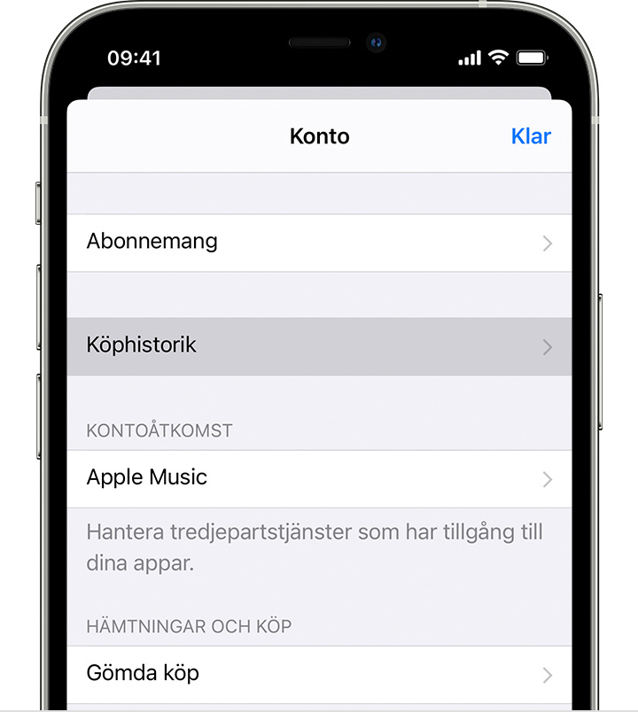 iPhone som visar menyalternativet Köphistorik i Inställningar.