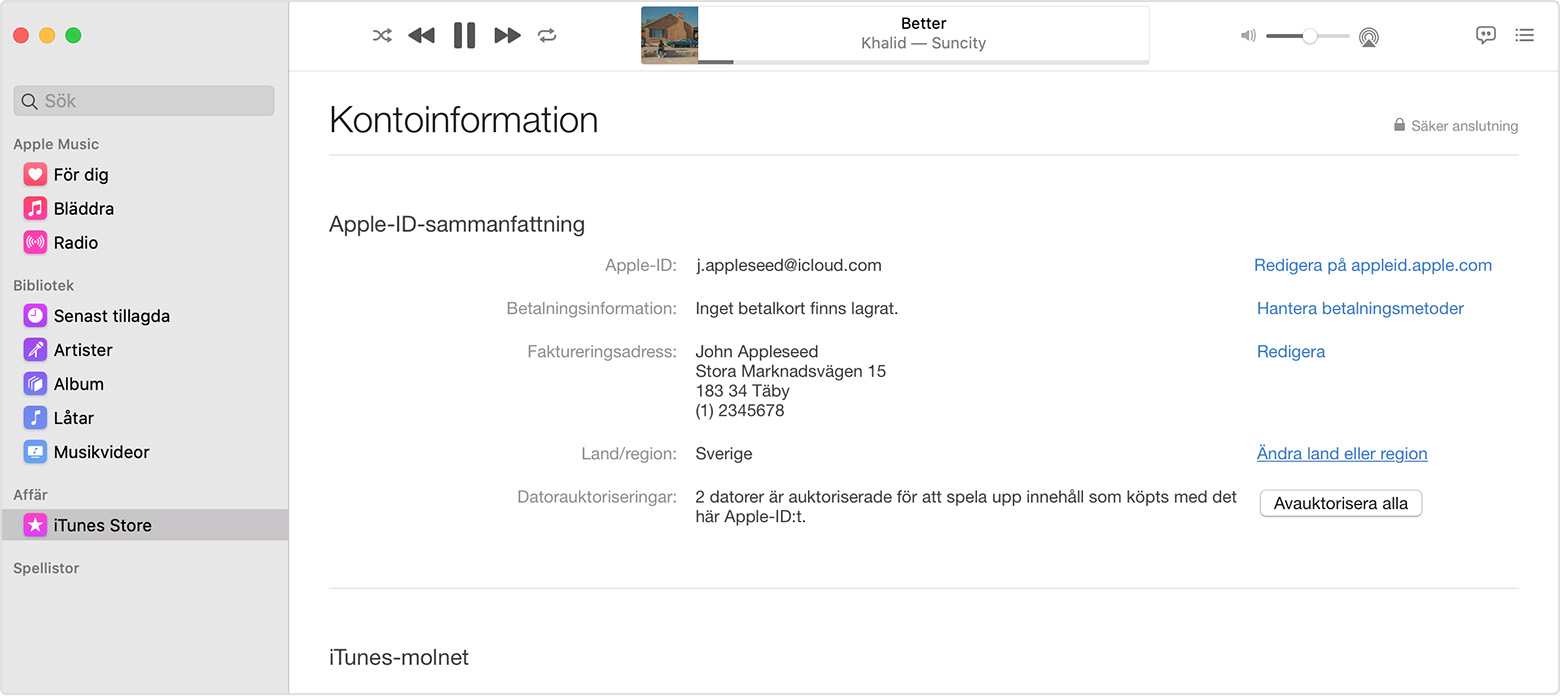 Mac som visar sidan Kontoinformation.
