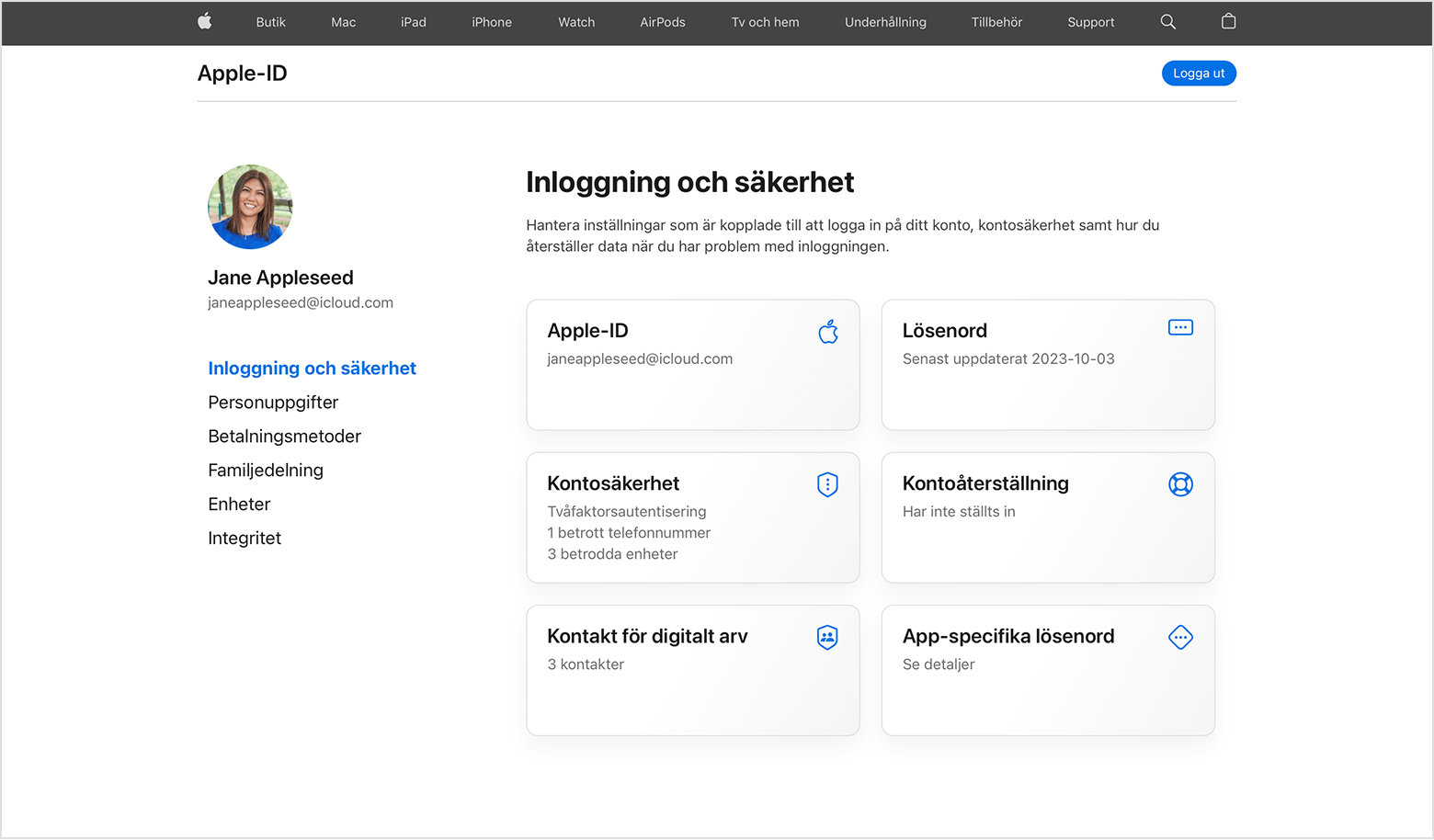 Mac-skärm som visar hur du ändrar Apple‑ID-lösenord på nätet