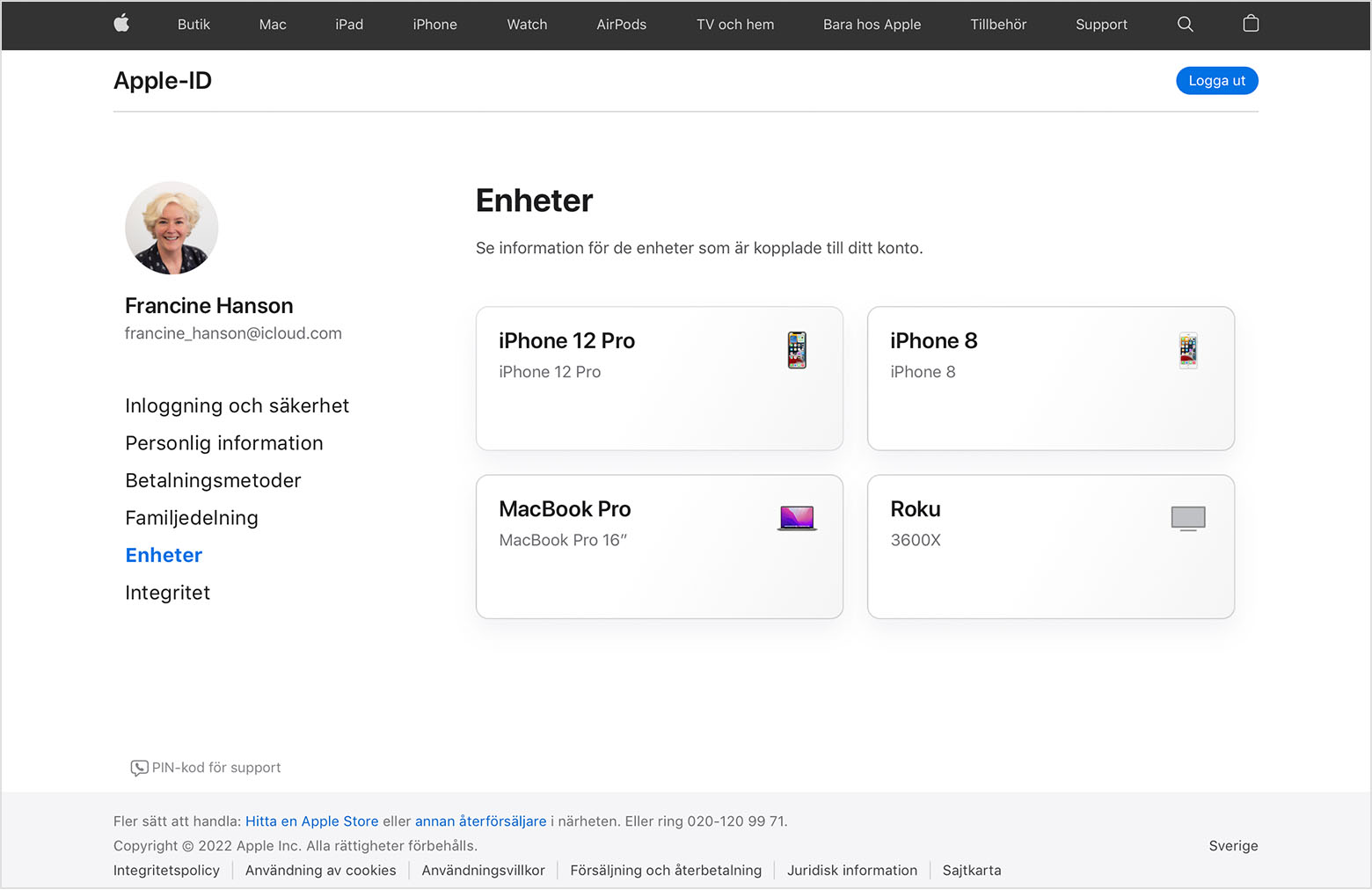 En bild av appleid.apple.com som visar tre enheter för Francine Hanson: en iPhone 12 Pro, en MacBook Pro och en Roku.