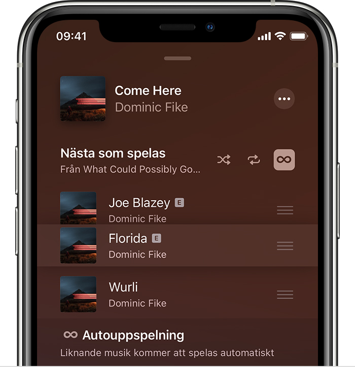 iPhone som visar musiksortering på skärmen Nästa som spelas