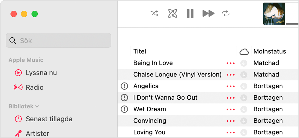 Apple Music-appen som visar molnstatus bredvid låtar