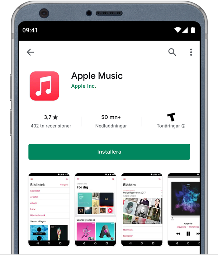 Android-telephone som visar Apple Music-appen på Google Play
