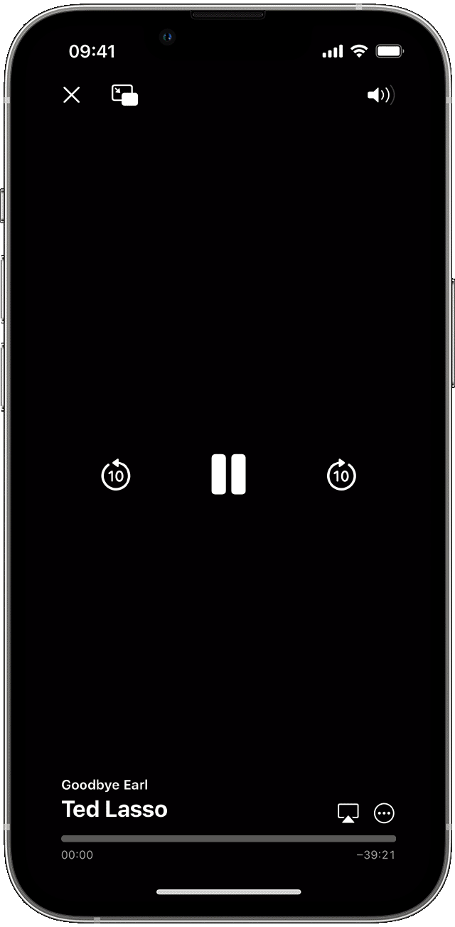 En animering på iOS visar att AirPlay-väljaren visas, Vardagsrum har valts, sedan bekräftar ett meddelandekort AirPlay till Vardagsrum.