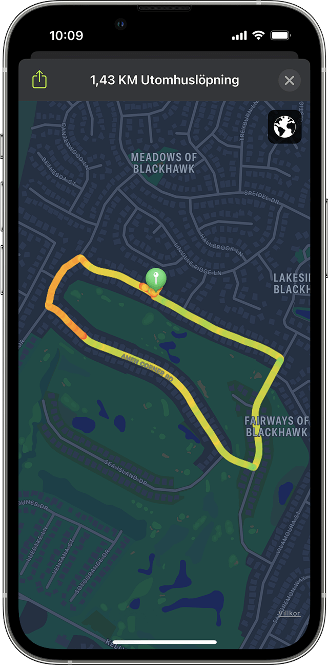 En karta över ett löppass utomhus på en iPhone.