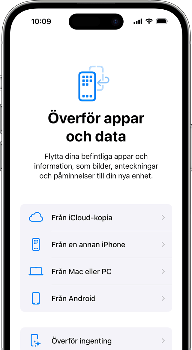 iPhone som visar installationsskärmen för Appar och data