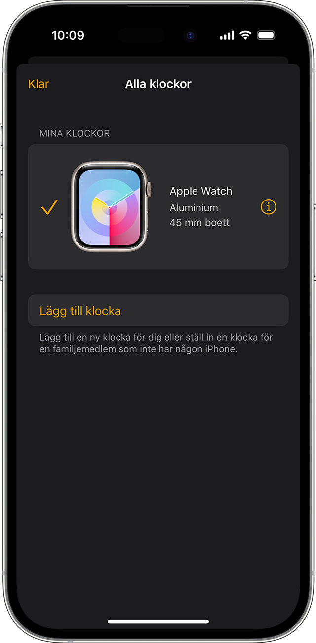 Info-knapp bredvid Apple Watch i iOS Apple Watch-appen