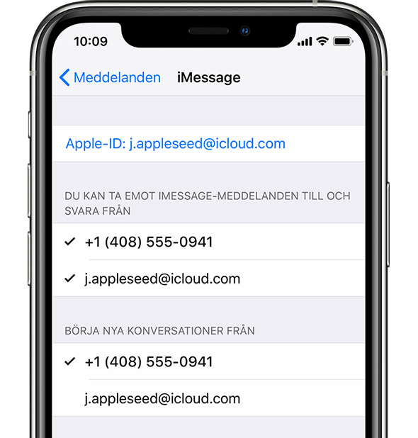 John Appleseed loggade in till iMessage med Apple-ID.