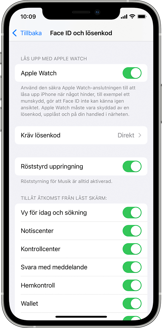 iOS-skärmavbild som visar inställningsalternativen för Face ID och lösenkod.