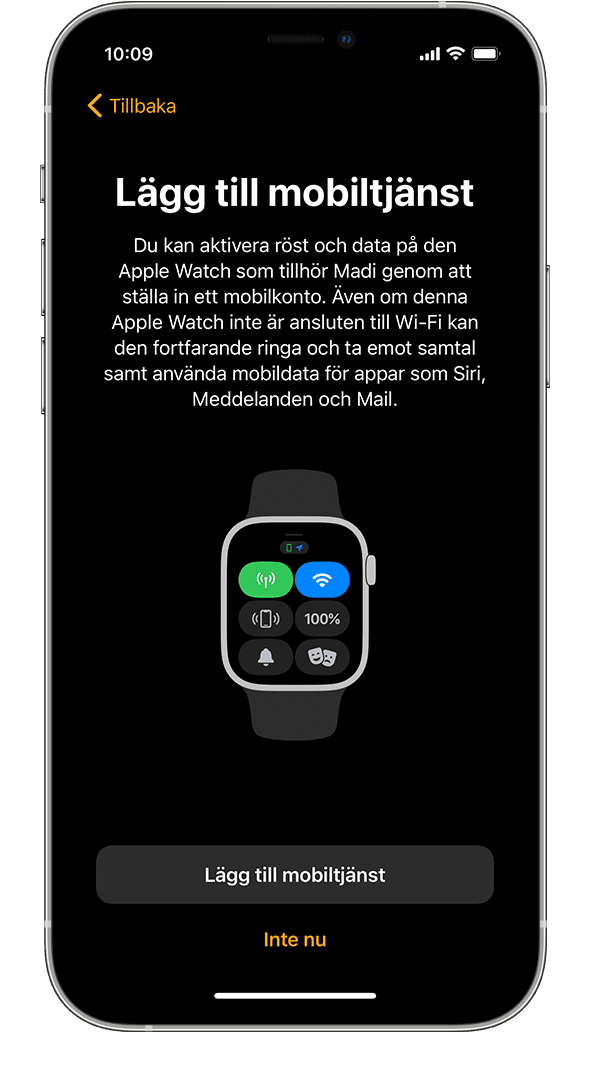 Inställningsskärmen för mobilnät under inställningen av Apple Watch på en iPhone.