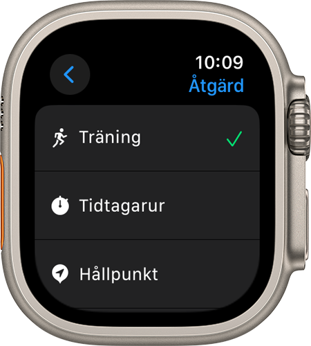 Skärmen Åtgärd och olika inställningar visas på Apple Watch Ultra