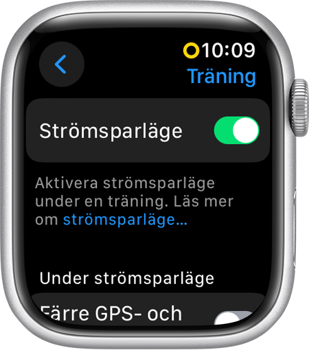 Apple Watch visar strömsparläge i träningsinställningarna