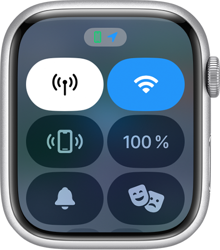 Apple Watch som visar platssymbolen med blå pil överst på skärmen