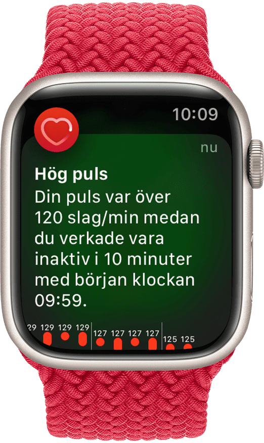 En Apple Watch som visar en varning för hög puls