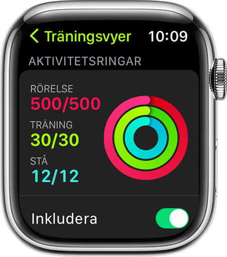 En Apple Watch som visar framsteg i aktivitetsringarna under en löprunda.