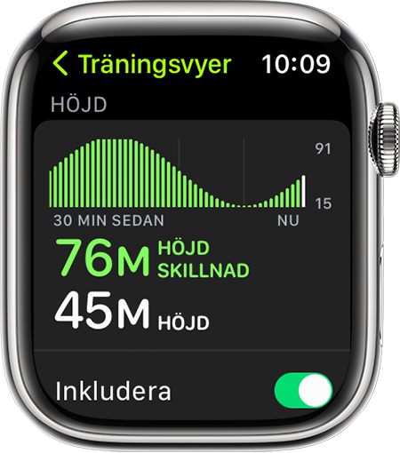 En Apple Watch som visar stigningsmåttet under en löpning.