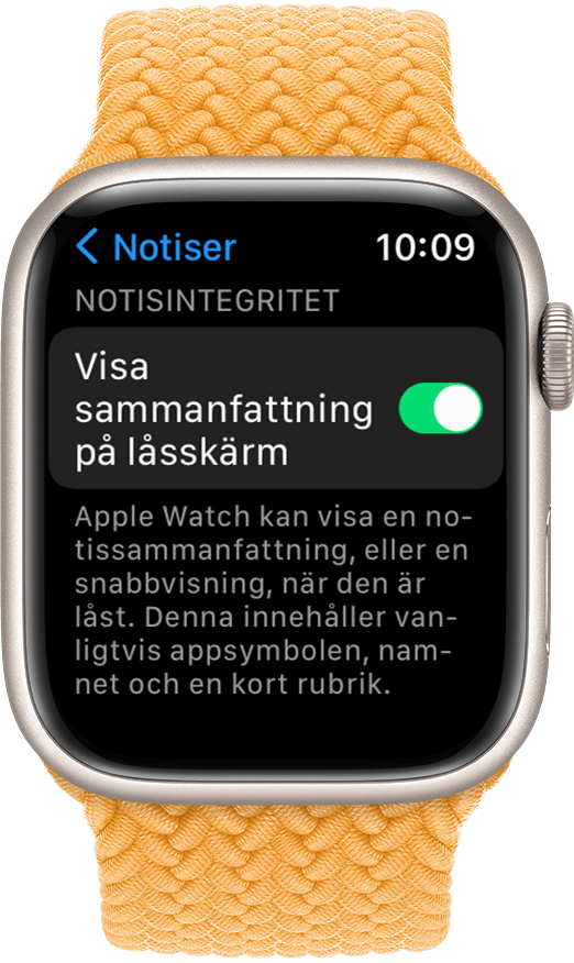 Apple Watch med inställningen Visa sammanfattning på låsskärm