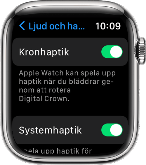 En Apple Watch som visar inställningarna för Kronhaptik och Systemhaptik Ljud och haptik i Inställningar