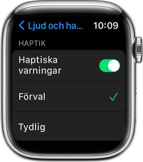 Apple Watch som visar skärmen Ljud och haptik i Inställningar