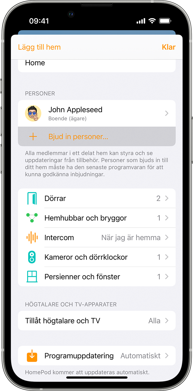 iPhone med appen Hem som visar alternativet Bjud in vänner i Heminställningar