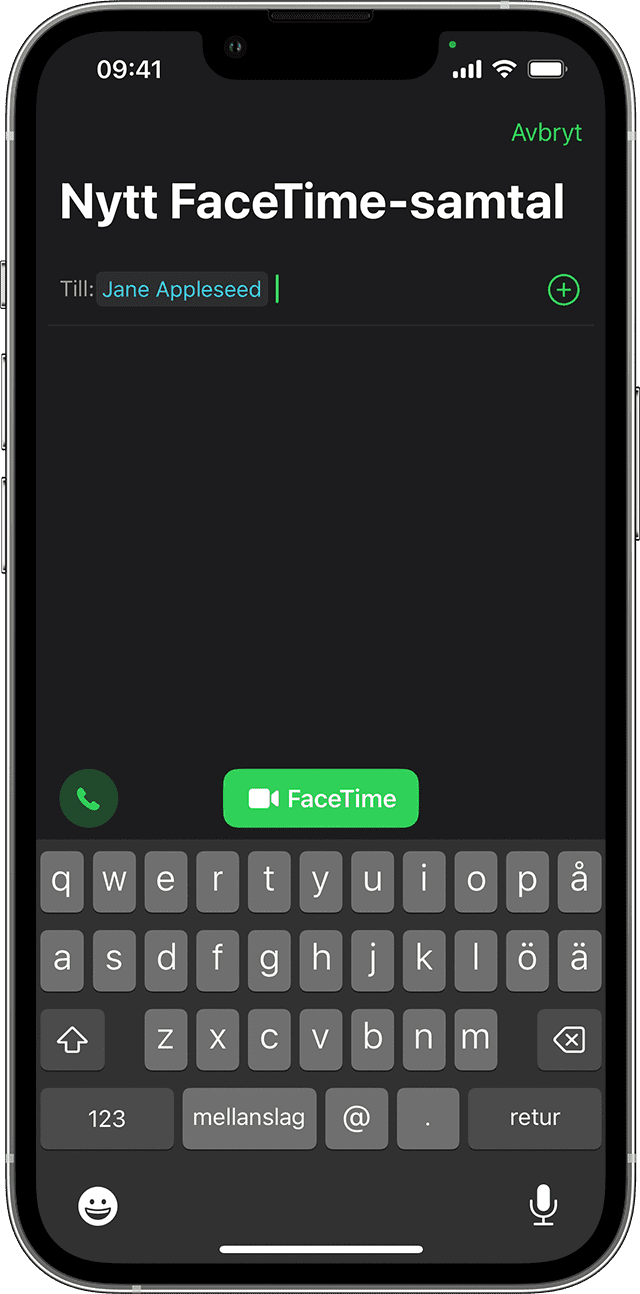 En iPhone som visar appen Telefon under ett samtal med Jane Appleseed. FaceTime-knappen finns på den andra raden med symboler mitt på skärmen.