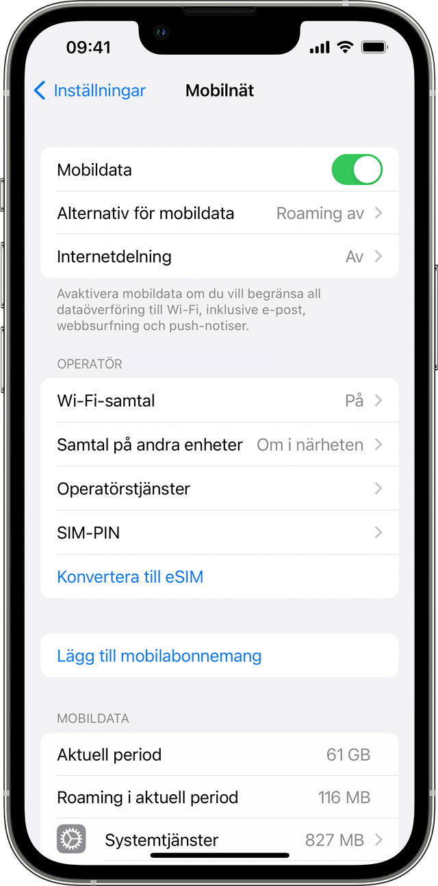 En iPhone-skärm som visar inställningar för mobildata