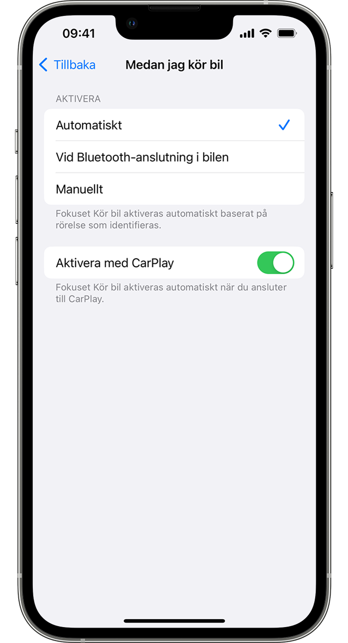 En iPhone som visar hur du slår på Kör bil automatiskt