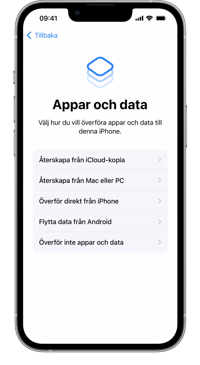 En ny iPhone som visar skärmen Appar och data där du kan välja hur du vill överföra din data till enheten.