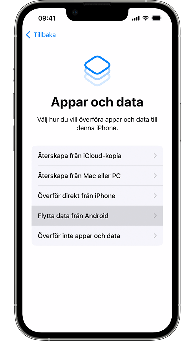 En ny iPhone som visar skärmen Appar och data där du väljer hur du vill överföra dina data. Alternativet Flytta data från Android är valt.