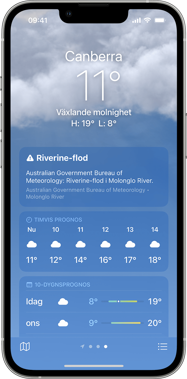 En iPhone som visar information om svåra väderförhållanden i appen Väder.