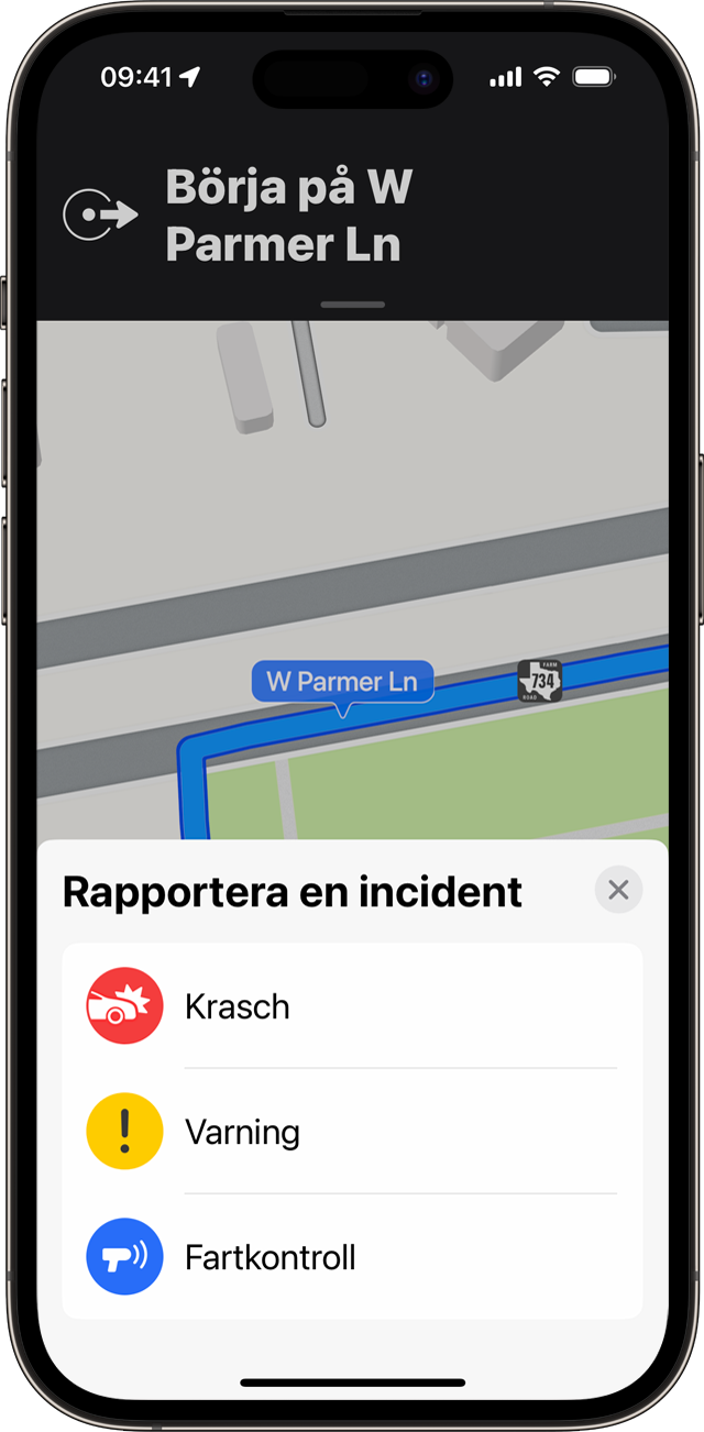 Du kan rapportera en incident när du använder steg-för-steg-anvisningar i Kartor på din iPhone.