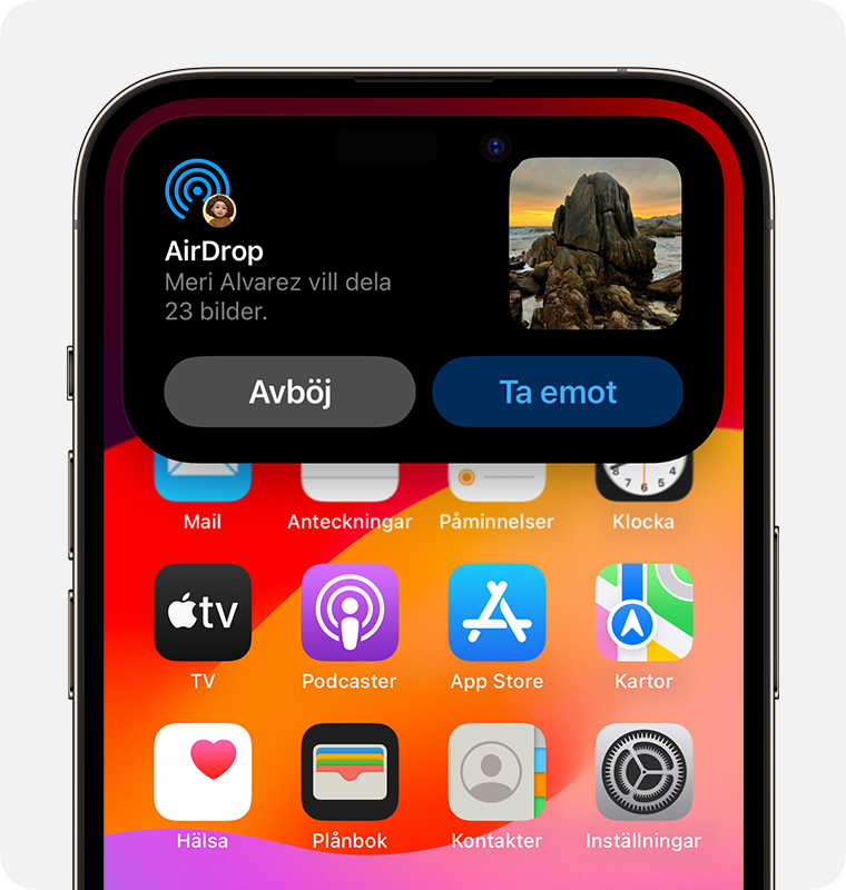 En iPhone som visar en AirDrop-avisering som du kan avböja eller godkänna.