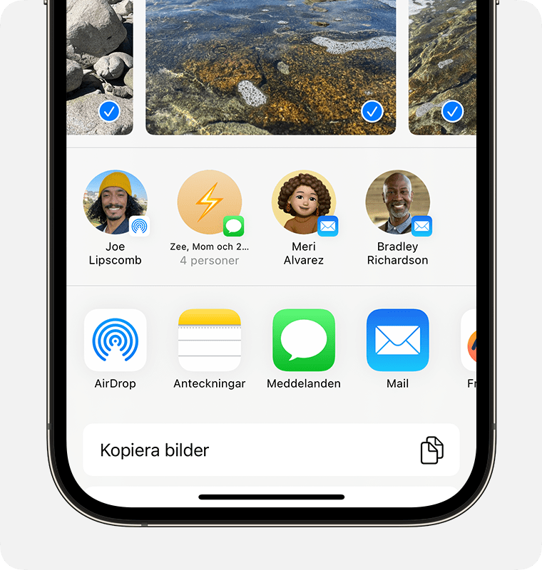 En iPhone som visar delningsbladet med valda foton och AirDrop-alternativet.