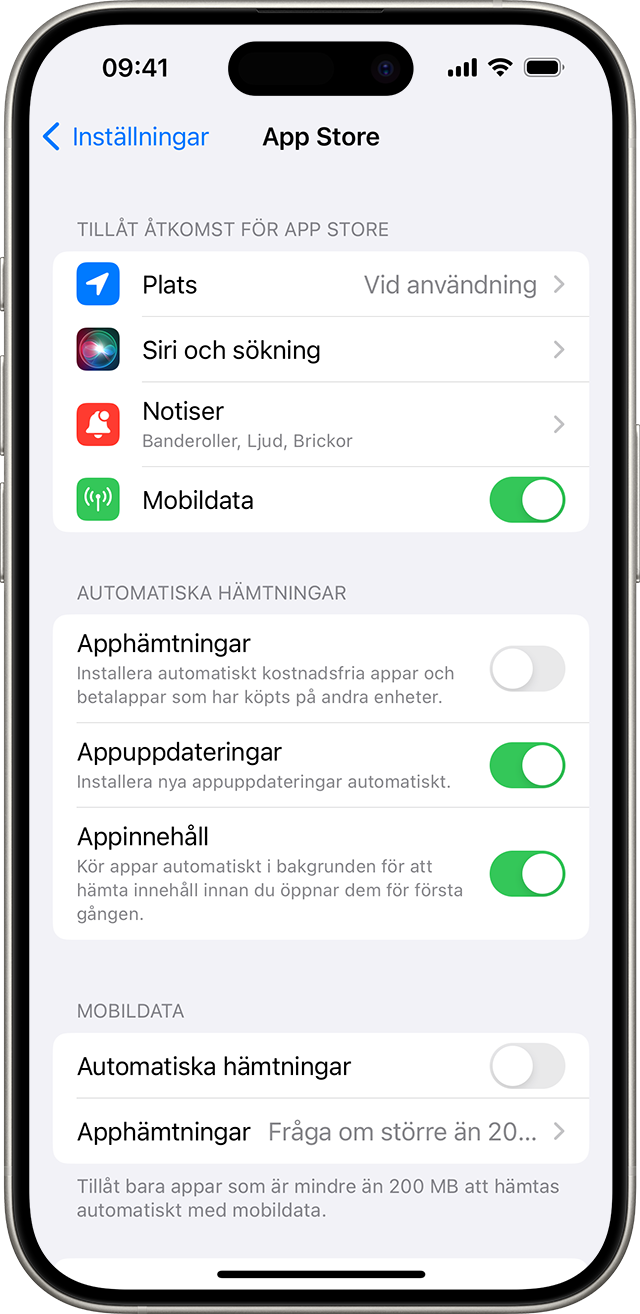 En iPhone visar App Store-alternativ i Inställningar, inklusive Appuppdateringar.