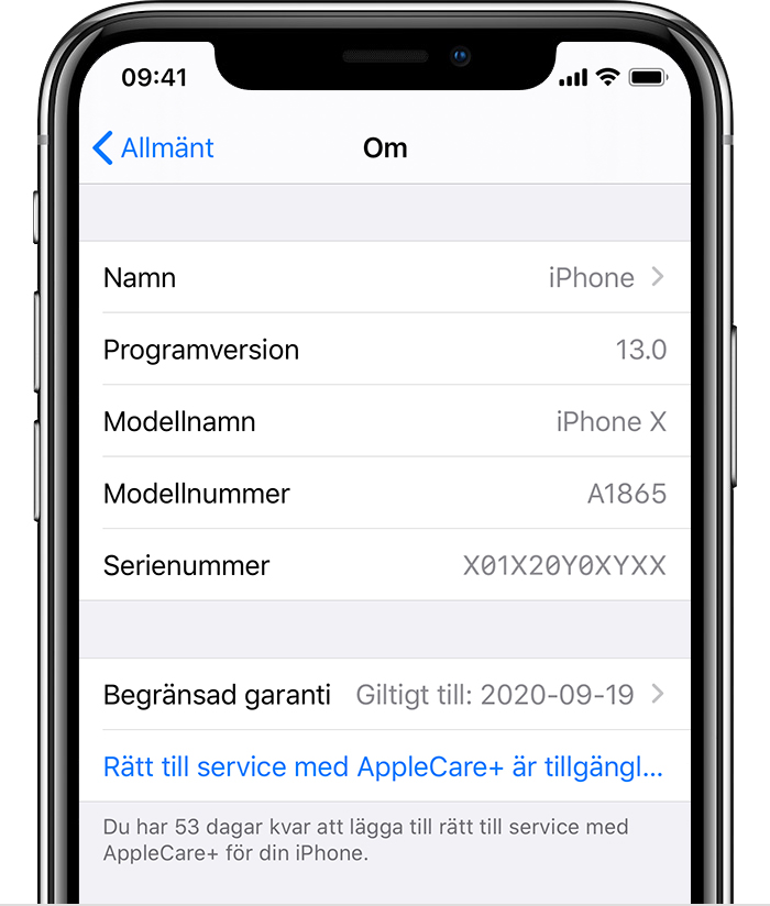 iPhone som visar att rätt till service med AppleCare+ är tillgängligt i Inställningar.