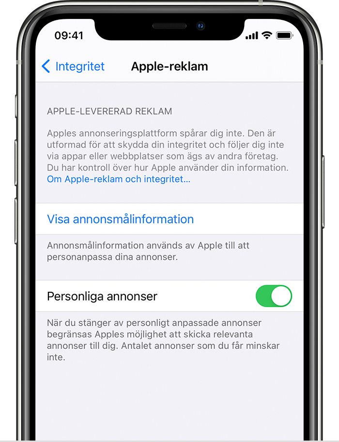 iPhone som visar alternativ under Apple-reklam, inklusive alternativen Visa annonsmålinformation och Personliga annonser