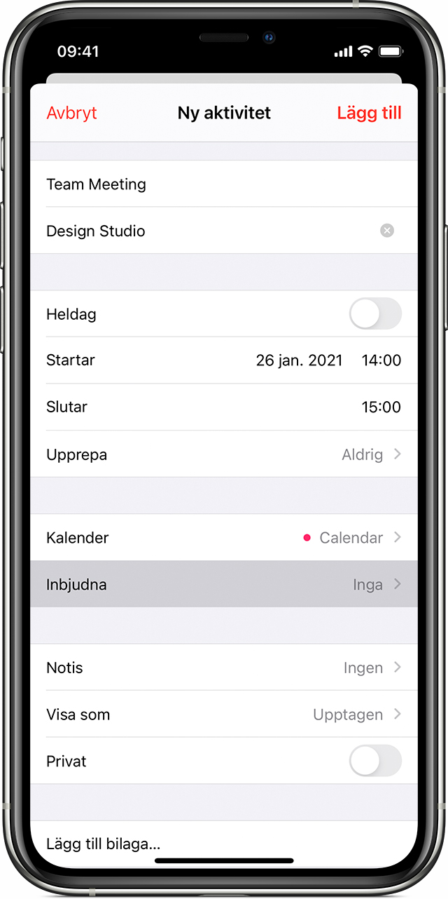 iPhone-kalender med skärmen Ny aktivitet där Inbjudna är valt