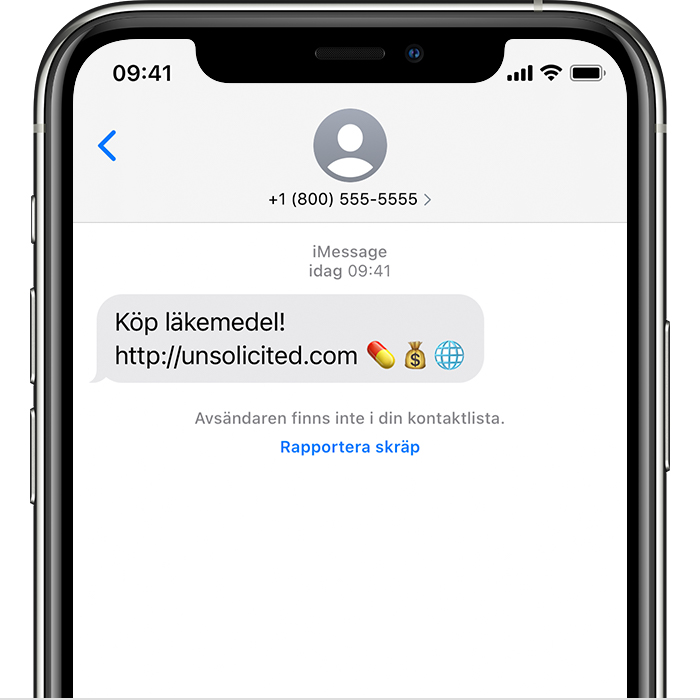En iPhone som visar hur du rapporterar skräp i appen Meddelanden