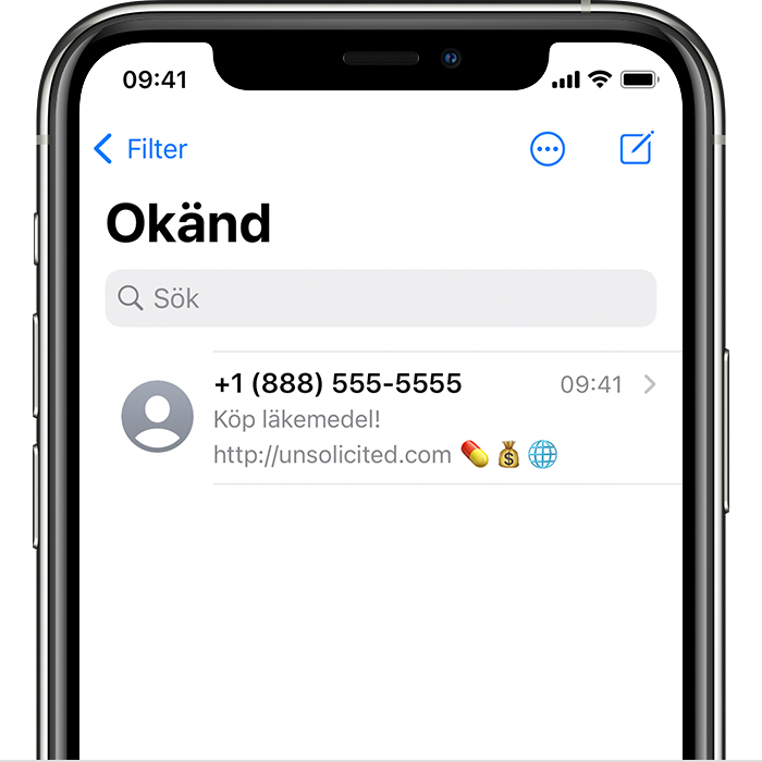 En iPhone som visar ett filtrerat meddelande