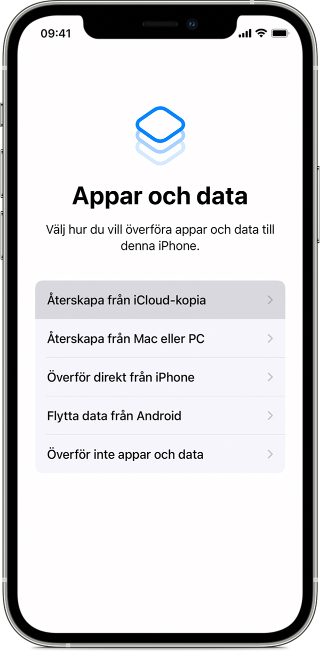iPhone som visar skärmen Appar och data med Återskapa från en iCloud-säkerhetskopia valt.