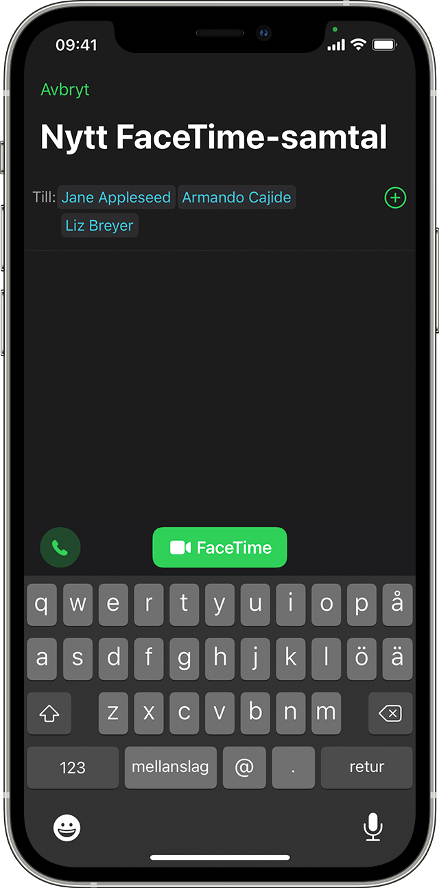 iPhone som visar hur du startar ett gruppsamtal i FaceTime från appen FaceTime