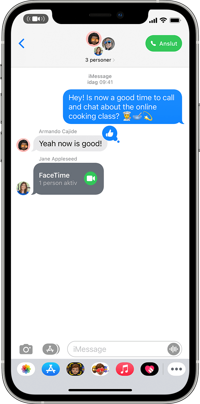 iPhone som visar hur du ansluter till ett FaceTime-samtal från ett gruppmeddelande