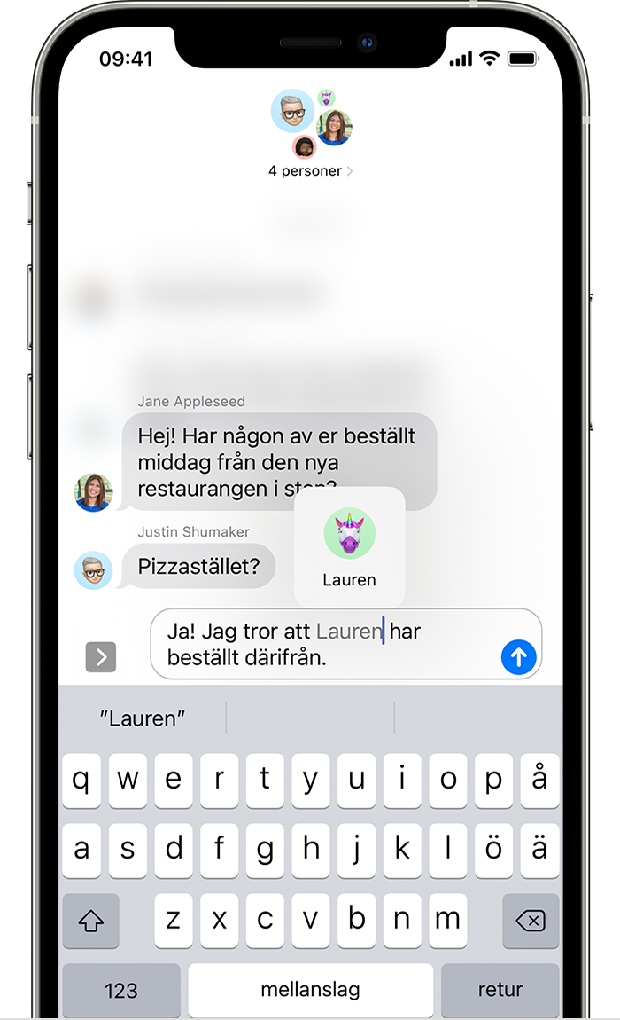 iPhone som visar hur du skickar ett omnämnande i ett SMS. Skriv @ och personens namn.