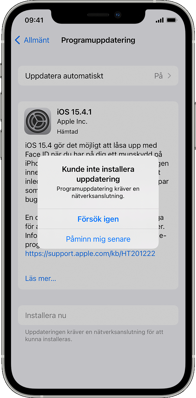 En iPhone som visar felmeddelandet Kunde inte installera uppdatering.