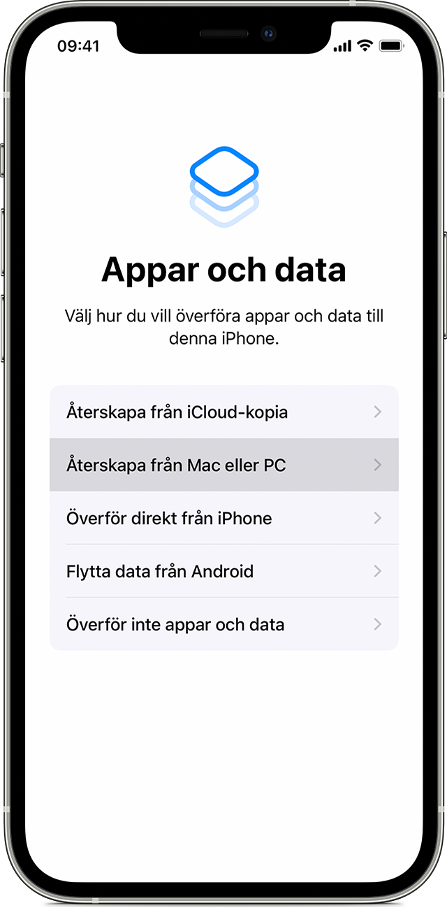 En iPhone som visar skärmen Appar och data där Återskapa från Mac eller PC är markerat.