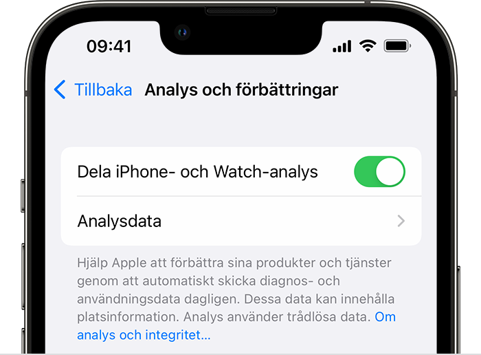 iPhone som visar alternativet Analys och förbättringar med Dela iPhone- och Watch-analys aktiverat.