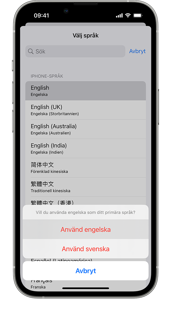 En iPhone som visar meddelandet ”Vill du använda franska som ditt primära språk?” Alternativen som visas är Använd franska, Använd engelska (Amerikansk) och Avbryt.